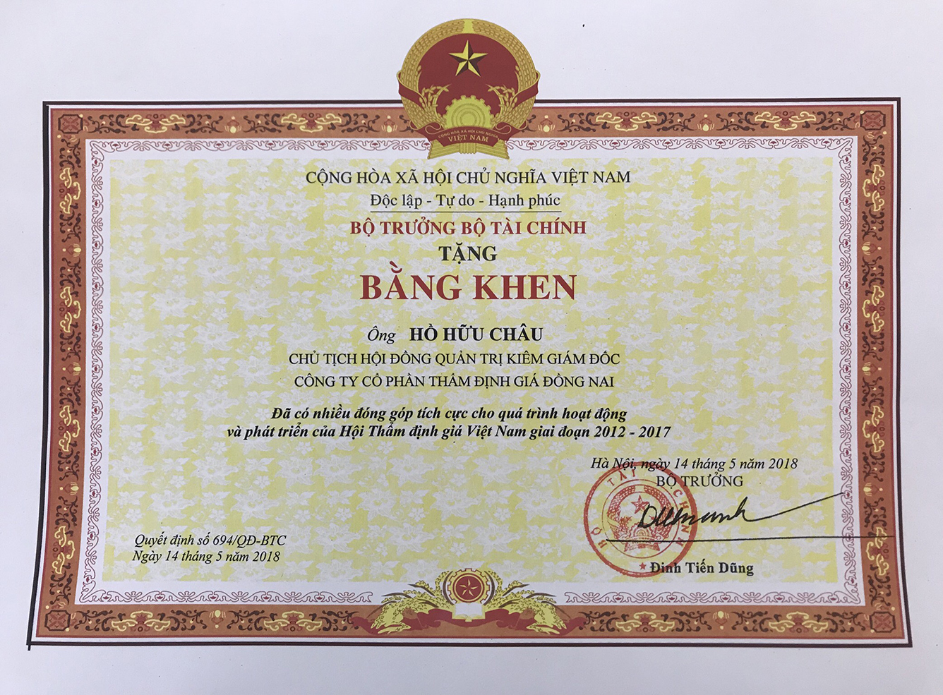 BẰNG KHEN BỘ TÀI CHÍNH - Ô. HỒ HỮU CHÂU - GĐ KIÊM CT HĐQT - 2018